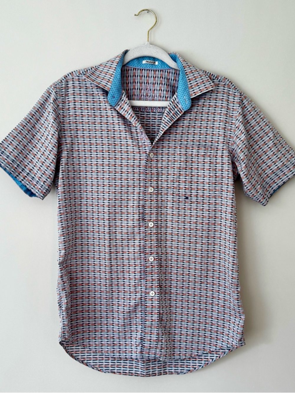 Bugatchi Uomo Geometric Pattern Cotton Button Down, Blue / Orange / Pink – M